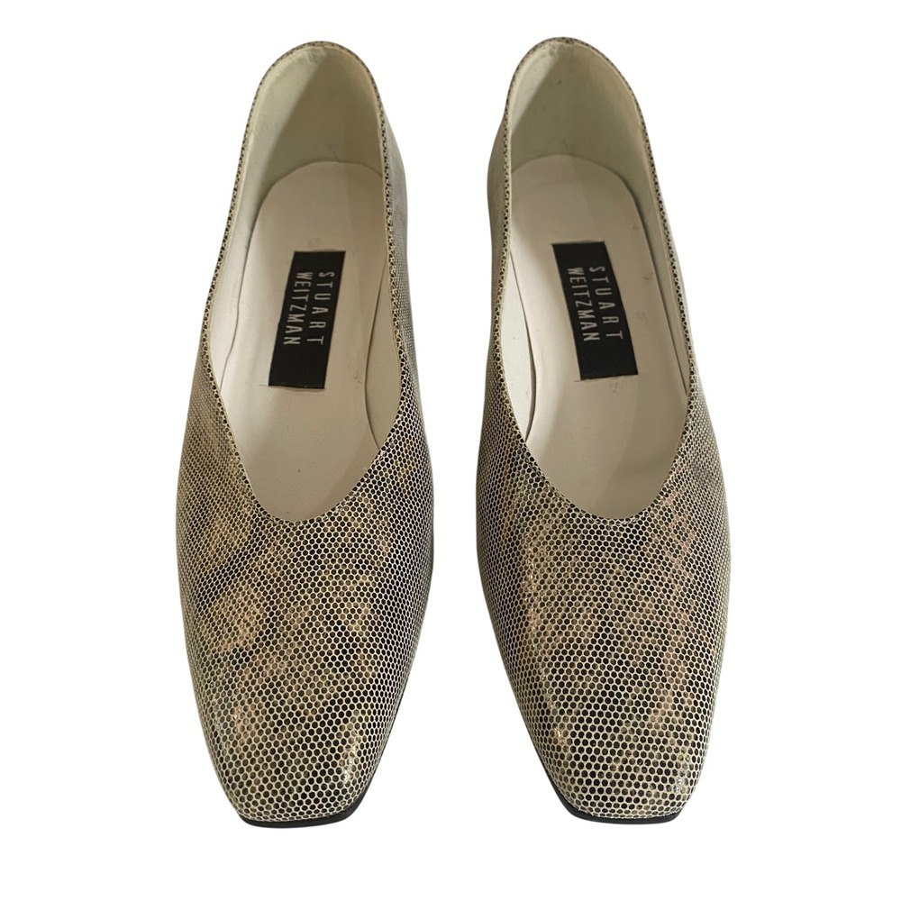 Stuart Weitzman Womens Snakeskin Embossed Square Toe Block Heel Pumps Gold 7 AAA